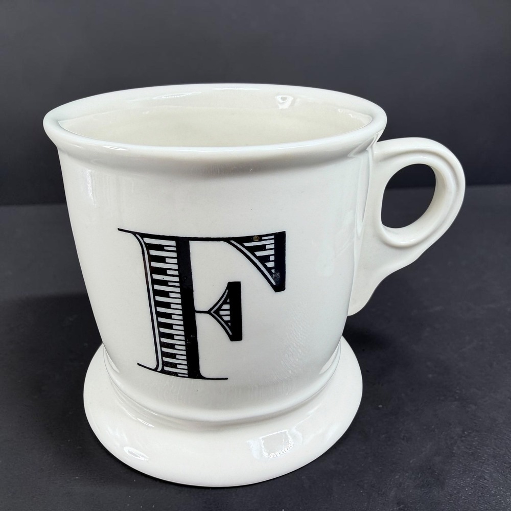 Anthropologie Monogram Letter F Mug White Black Ceramic Bistro Coffee Cup 4in